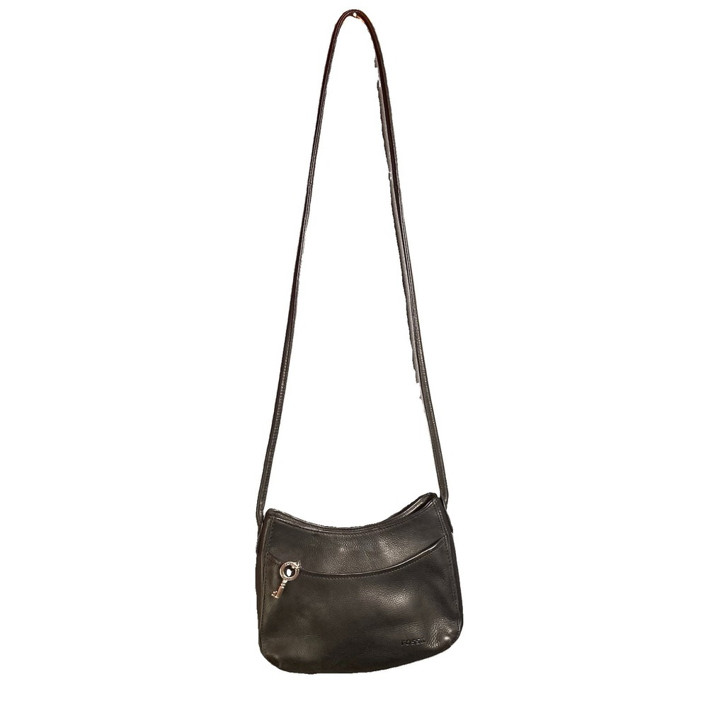 Fossil Black Zip Crossbody Bag Key Charm, Lined Inner Pockets, Good Condition